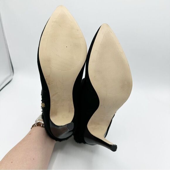 Marc Fisher Black Faux Fur Trimmed Suede Pointed Toe Stiletto Booties Shoeties 7 - Picture 9 of 11